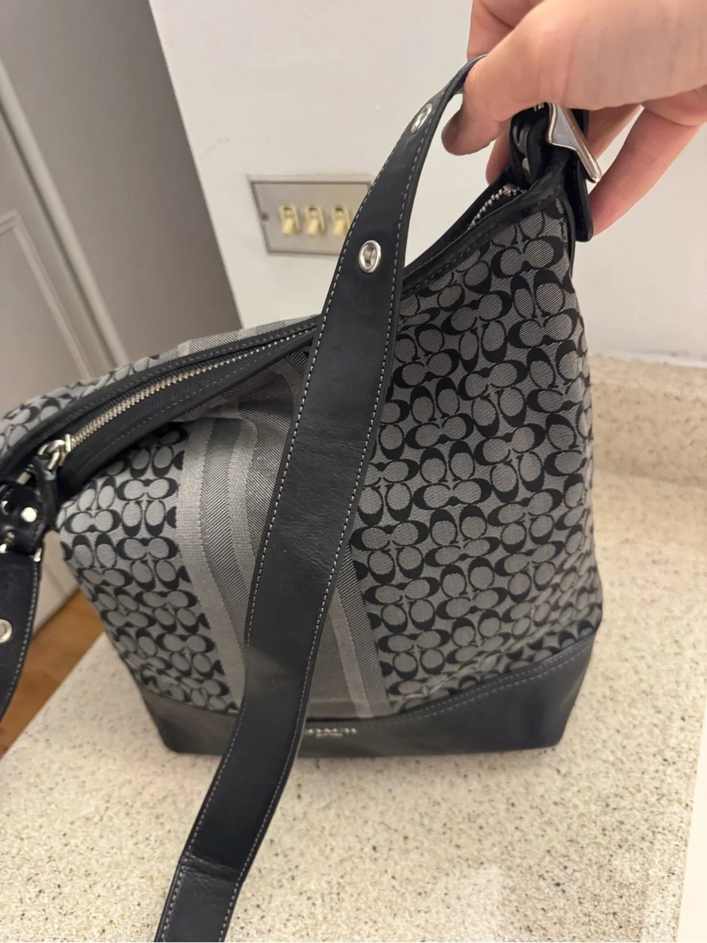 Coach Black and Gray Signature Canvas Hobo Bag